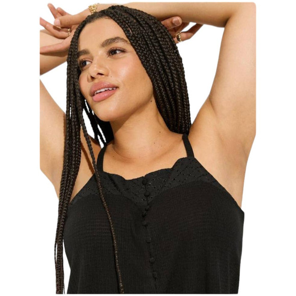 Torrid NWT Texture Knit Woven Eyelet Square Neck Swing Tank Black Size 0X (L/12) - Picture 3 of 7